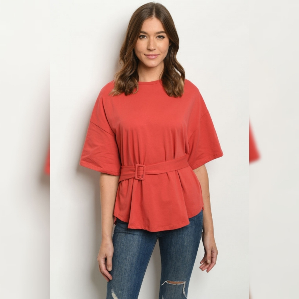 Short sleeve dolman style belted top